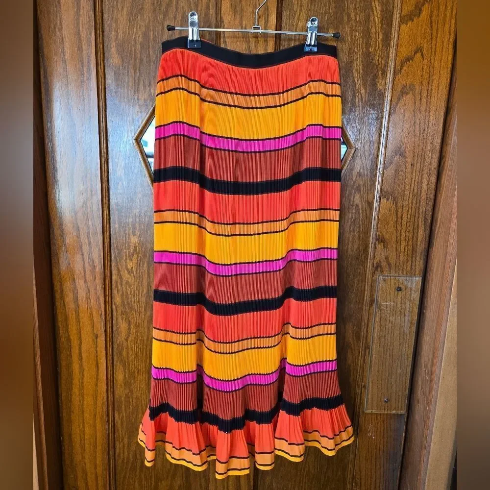 J Crew Vibrant Orange Pleated Striped Maxi Skirt Size 0